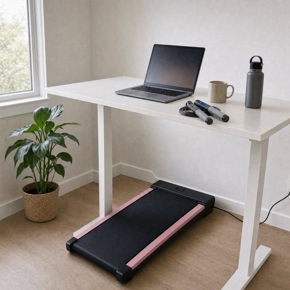 Desk + Break Kit: pink under-desk walking pad at a standing desk with the counting jump rope