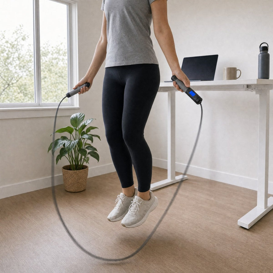 Woman skipping with the counting jump rope in a home office next to a standing desk