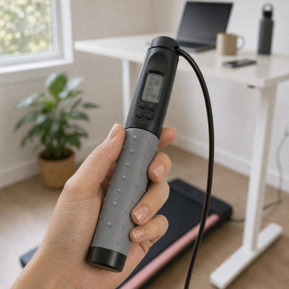 Hand holding the jump rope handle showing the LCD counter, with a walking pad and desk behind